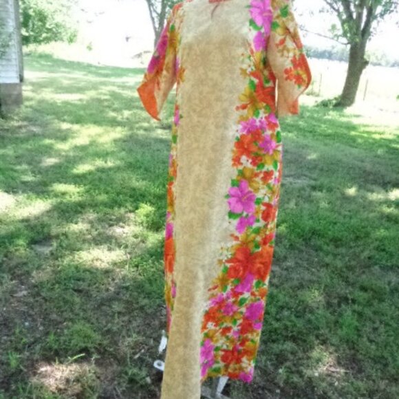 NOS Vintage Hawaiian Maxi Dress 1960s 70s Sz 14 US Made Deadstock 1 Flaw UNWORN - Picture 5 of 15